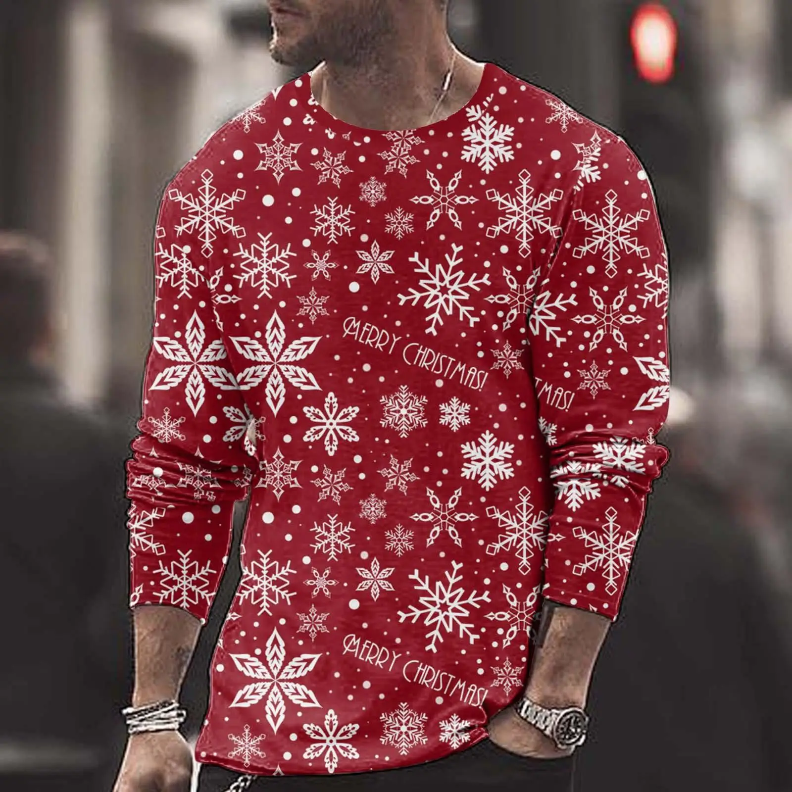 

Men's long sleeved round neck T-shirt 3D printed snowflake graphic t-shirts casual y2k tops fashion Christmas Men's clothing