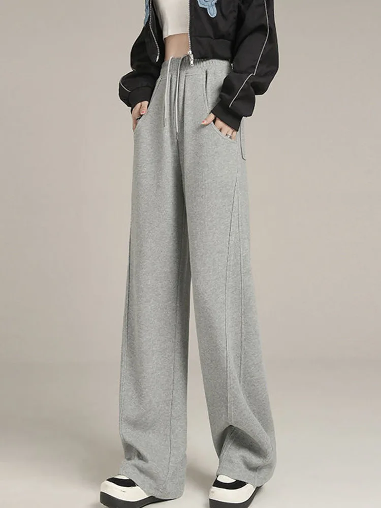 Winter Warm Thicken Loose Straight Pants Women Casual Elastic High Waist Velvet Lined Sweatpants Korean Fashion Snow Wear Calca