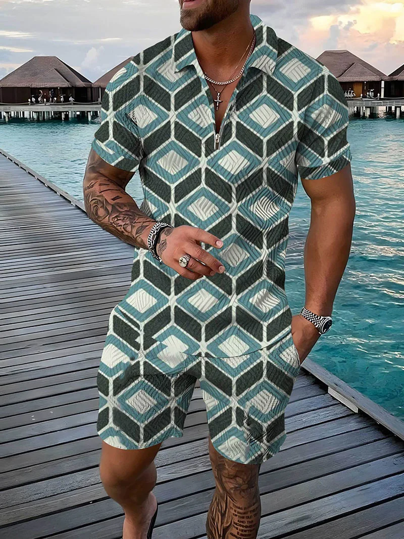 Men Summer Vintage Polo Shirt Set Fashion Tracksuit Male Trun Down Collar Outfit Casual Bohemian Ethnic Style 2 Pieces Clothing