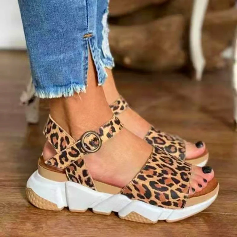 

New Women Platform Leopard Sandals Female Outdoor Open Toe Ankle Buckle Casual Shoes Large Size Sandals 2022 Summer