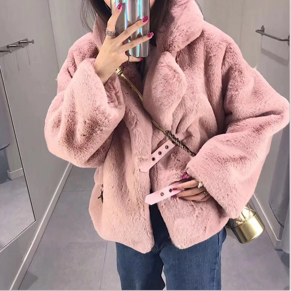 

Luxury Winter Women Faux Rabbit Fur Bomber Jacket Mink Fur Cardigan Turn Down Collar Furry Coat Imitation Fox Fur Outwear Parkas