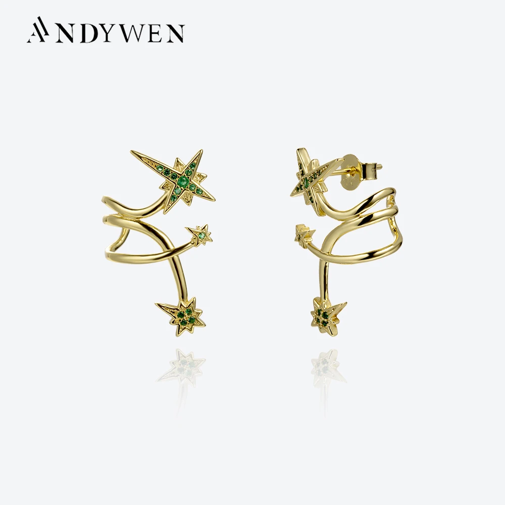 Andywen Серьги-гвоздики Из Стерлингового Серебра 925 Пробы С Золотым И Зеленым