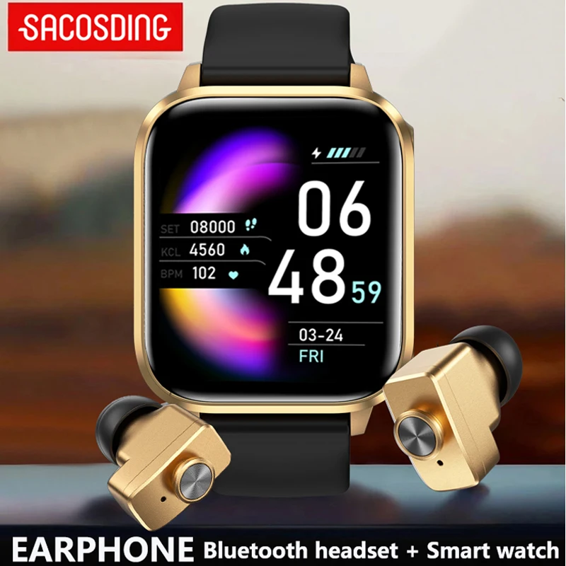 SACOSDING Headset Smart Watch TWS Two In One Wireless Bluetooth Dual Headset Call Health Blood Pressure Sport Music Smartwatch