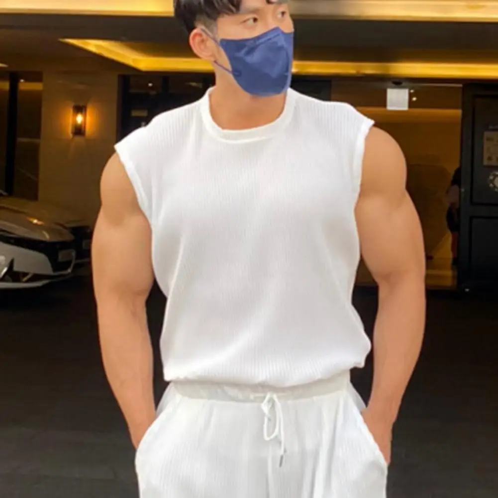 

Hot！O-Neck Sleeveless Ribbed Men Vest Summer Slim Solid Color Fitness Vest Top Sportwear