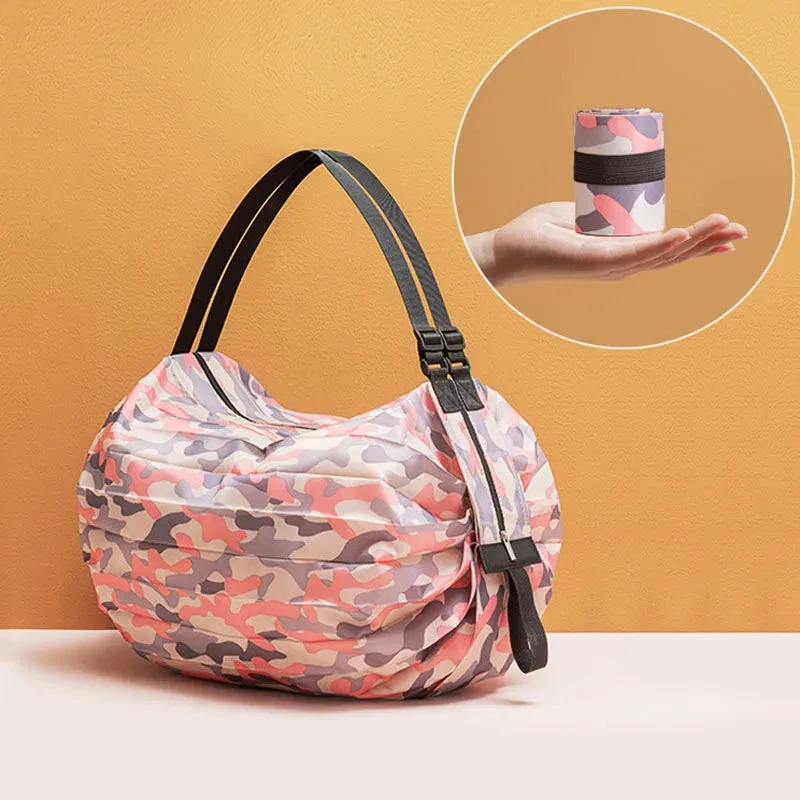 Big Size Thick Nylon Large Portable Shoulder Women's Handbags Folding Pouch Shopping Bag Foldable Print Eco Friendly Ladies Bags