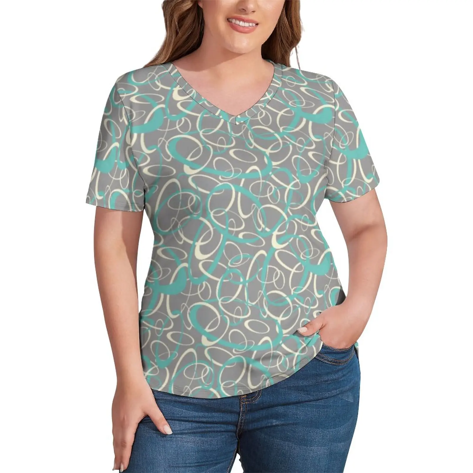 

Gray Retro Mod T-Shirt Plus Size Loops Geometric Pattern Aesthetic T-Shirts V Neck Casual Tshirt Women Summer Graphic Clothes