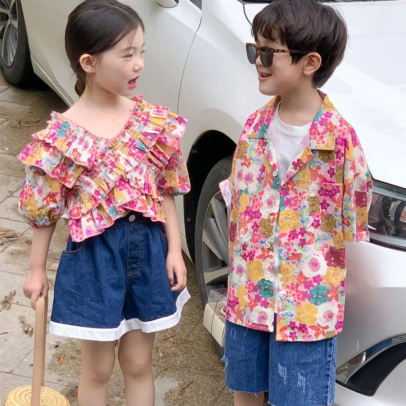

Summer floral printing Siblings clothes shirts 2023 Boys lapel short sleeve shirt Baby girls ruffles cross blouses