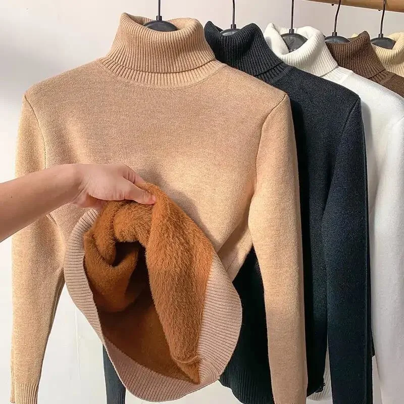 

Turtle Neck Sweater Women Winter Warm Thicken Plus Velvet Knitted Pullover Korean Fashion Fleece Basic Slim Knitwear Jumper Tops