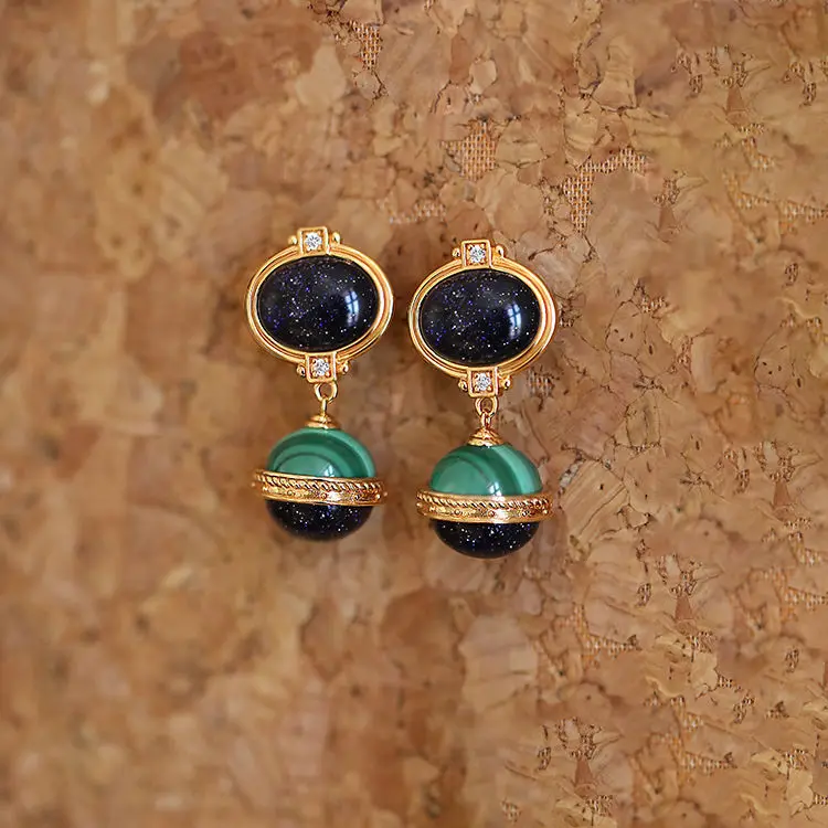 

Vintage Natural Lapis Malachite Agate Geometric Planet 925 Silver Ear Drops Hooks Dangle Earrings Saturn Gemstone Fine Jewelry