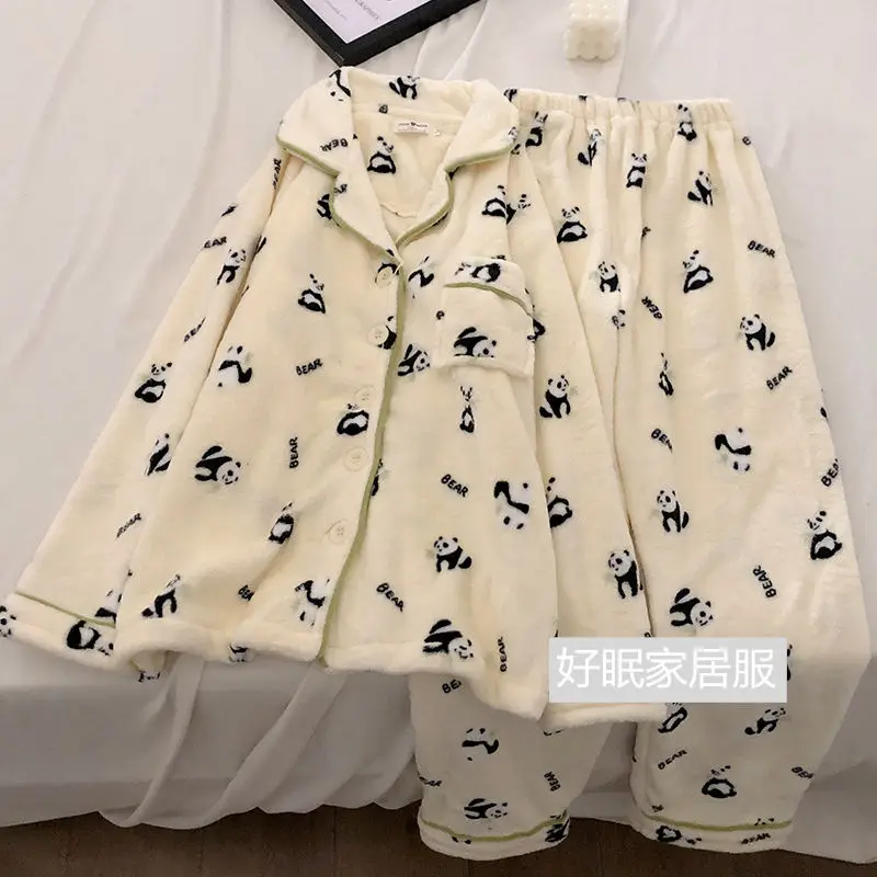 Pajama Female Panda Print Cartoon Winter Thick Fluffy Coral Fleece Sweet Cute Warm Set