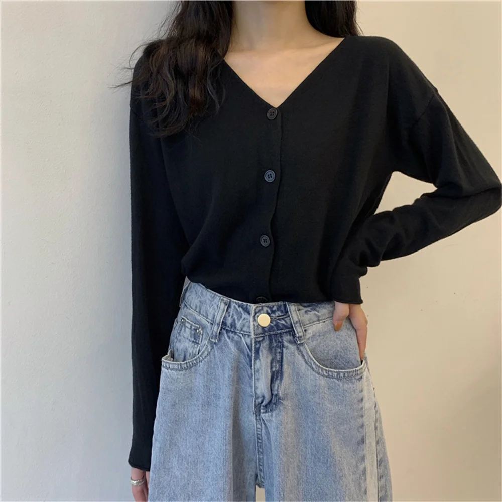 

MOYUNI cute Cardigans Women Fashion Coats New V-Neck Autumn 2022 Sweaters Tees Knitwear Loose Chic Slim Casual OL Solid Hot