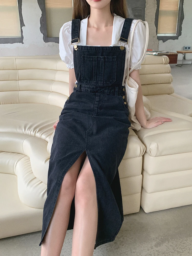 

Простое черное платье с разрезом, женское джинсовое платье без рукавов, женское повседневное весенне-летнее уличное платье, универсальные ...