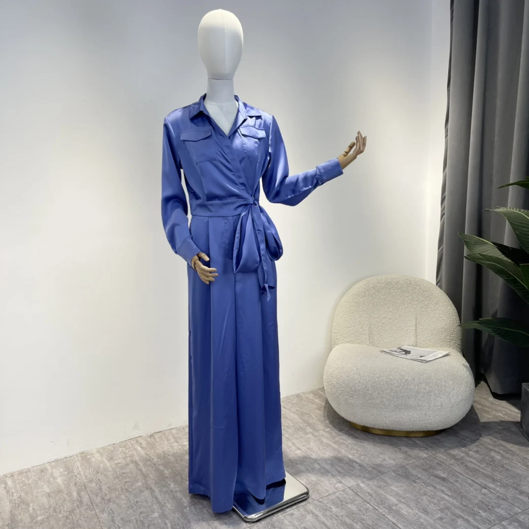 

Office Lady 2022 Summer Autumn High Quality Texture Blue Mint Black Self Tie Wrap Wide Leg Jumpsuit Women