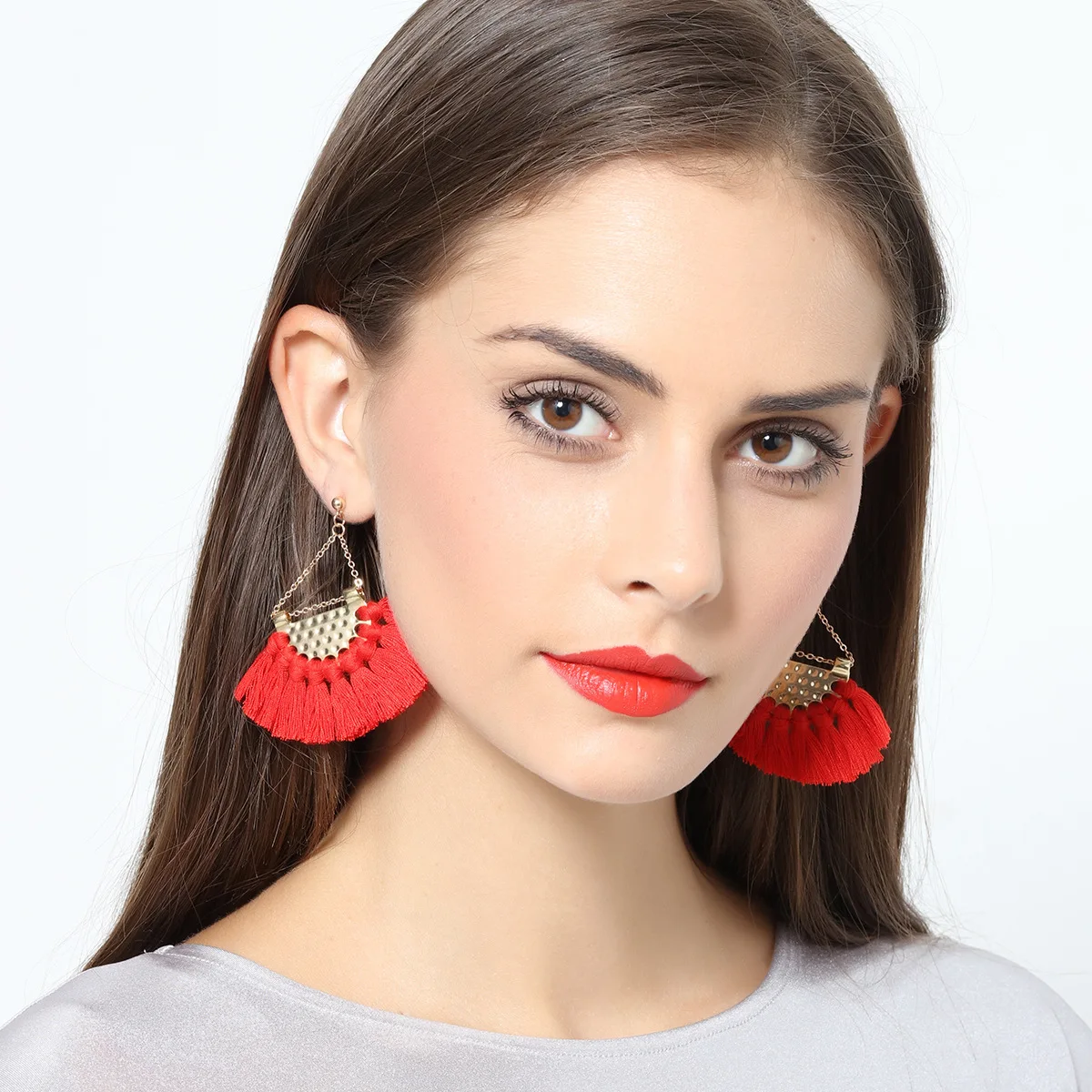 

Bohemian Colorful Fan-shaped Tassel Ethnic Earrings Pagoda Fan Pendant Women's Earrings Wholesale