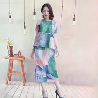 miyake woman pleated skirt sets solid short sleeve print t shirt elastic a line skirt casual style 2022 summer fashion suit