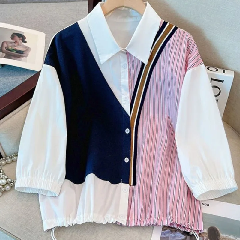

Fashion Splice Shirt For Women 2023 Summer New Stripe Fake Two Pieces Lady Blouse PoLo Collar Three-quarter Sleeves Shirt Top
