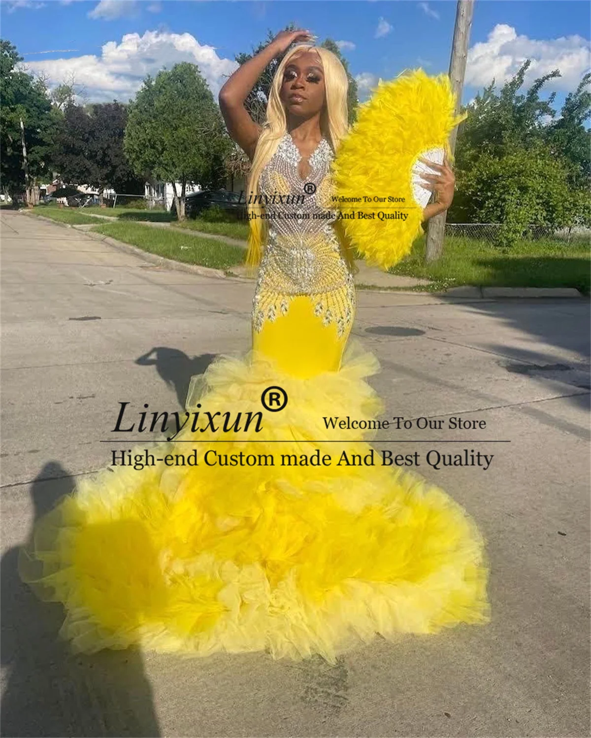 

Yellow Tulle Mermaid Prom Dresses Diamoned Beading African Black Girls Evening Party Gowns Court Train Ruched Robes De Soirée