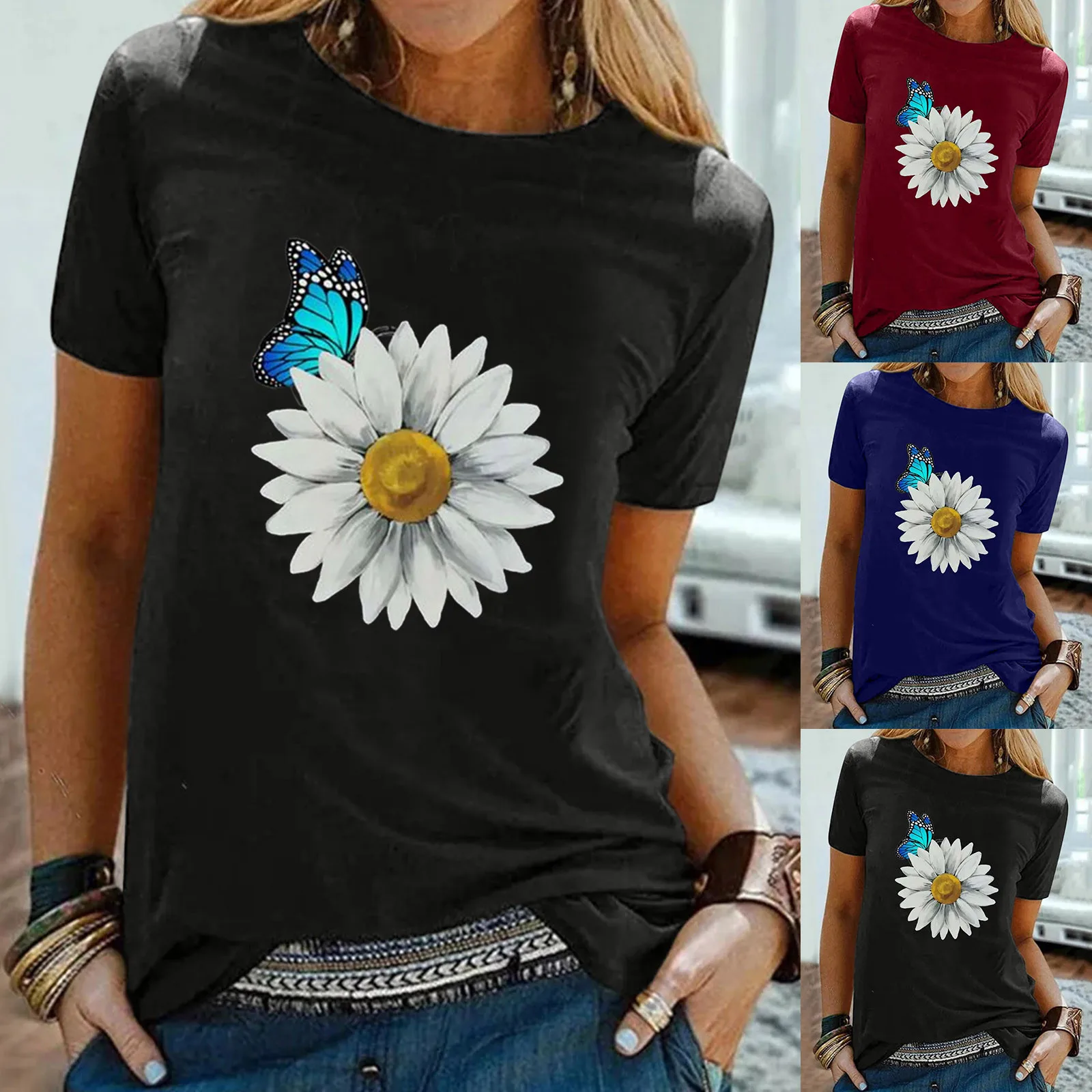 

Женская футболка с принтом подсолнуха, женская футболка с графическим принтом, Повседневная летняя черная футболка с круглым вырезом и кор...