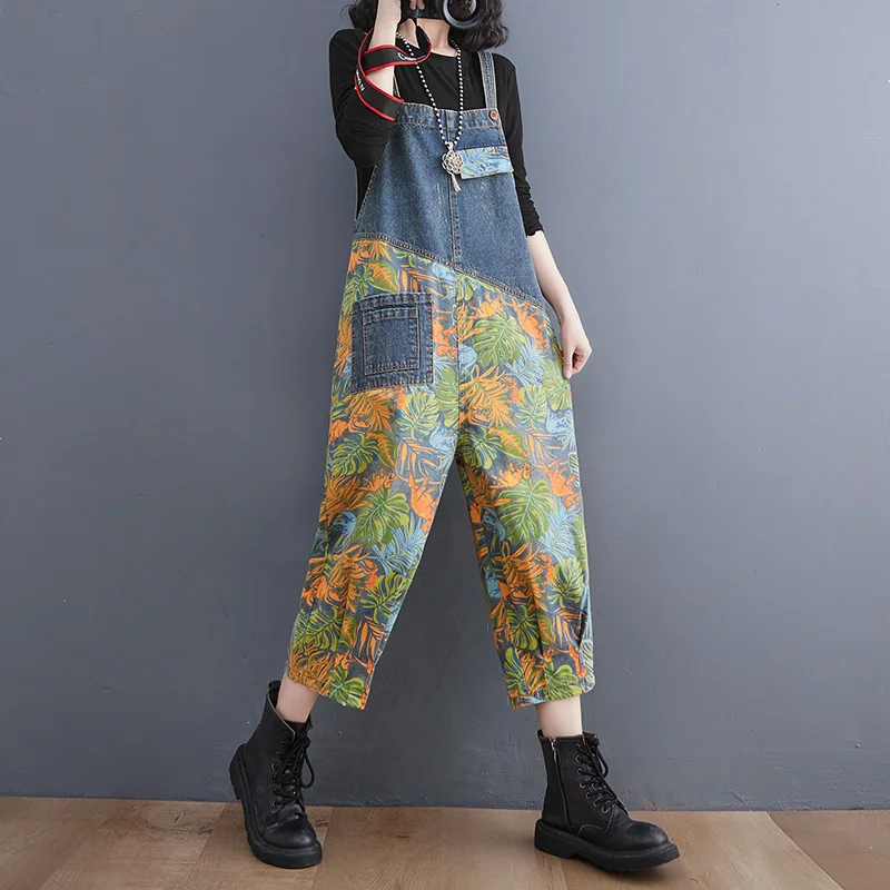 

Женский джинсовый комбинезон-шаровары #2362, Свободный комбинезон с винтажным принтом из джинсовой ткани, женский свободный комбинезон с шир...