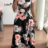 dresses o neck casual floral pullover empire short sleeved summer belt 2022 new leisure popularity print loose womens clothing