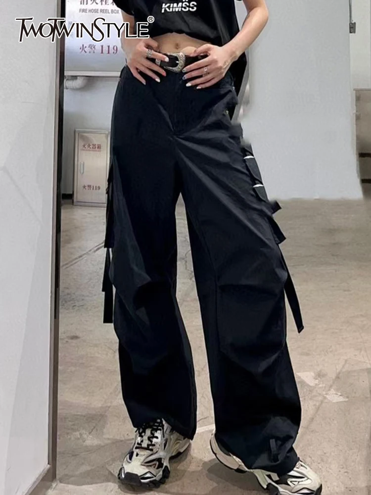 

TWOTWINSTYLE Korean Fashion Black Wide Leg Pants For Women High Waist Loose Solid Casual Trousers Female Spring Clothing Style