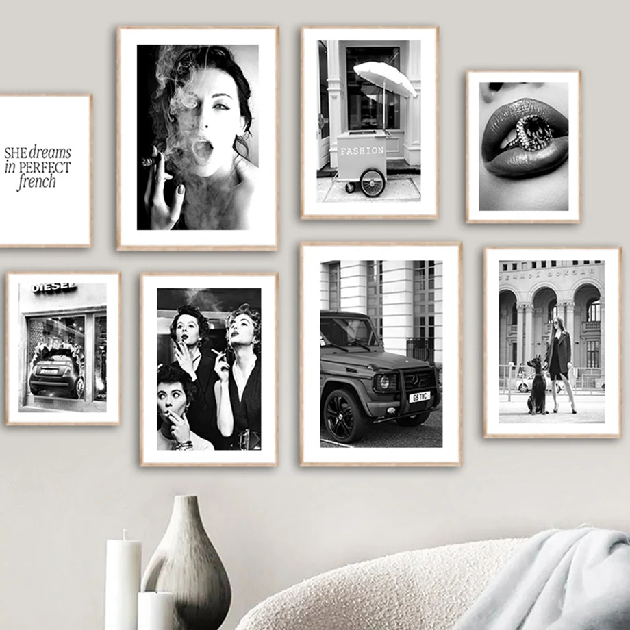 

Fashion Woman Smoking Car Vintage Black White Wall Art Canvas Painting Nordic Posters And Prints Wall Pictures Living Room Decor