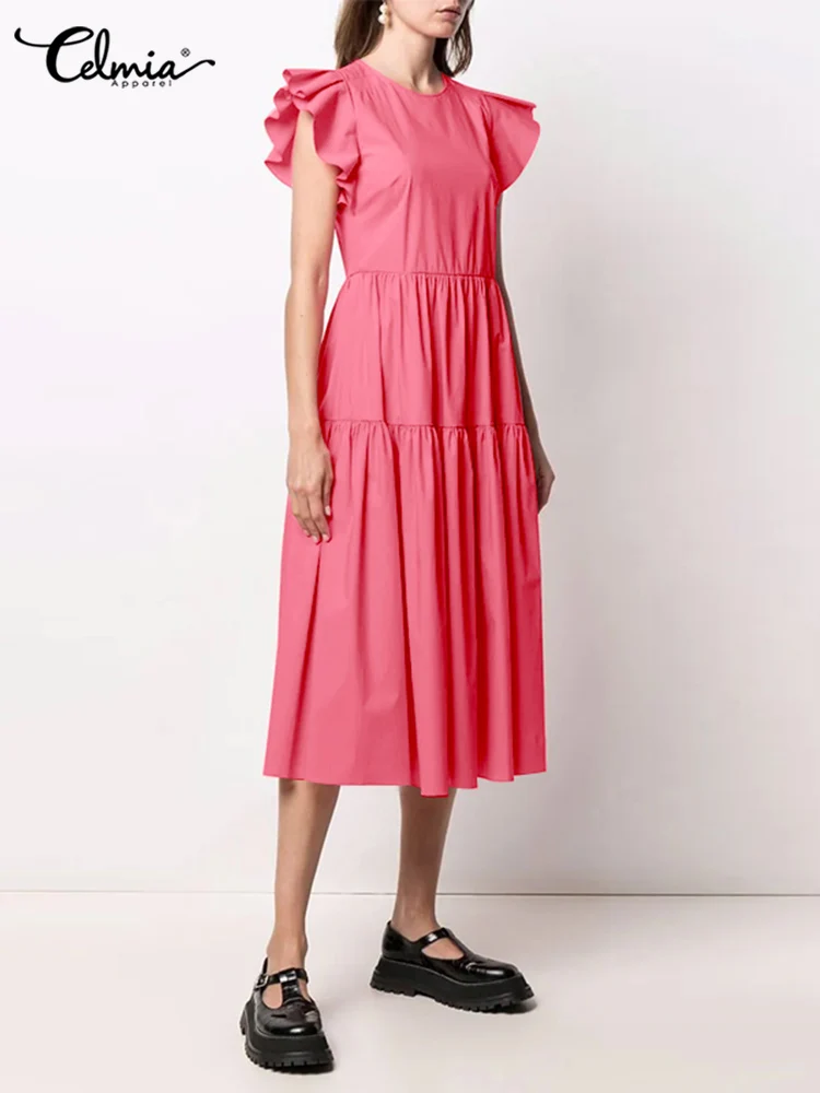 

Celmia Elegant Ruffled Sleeve Sundress Summer Holiday Solid Color A-line Vestidos Casual Loose Tiered Women Fashion Midi Dress