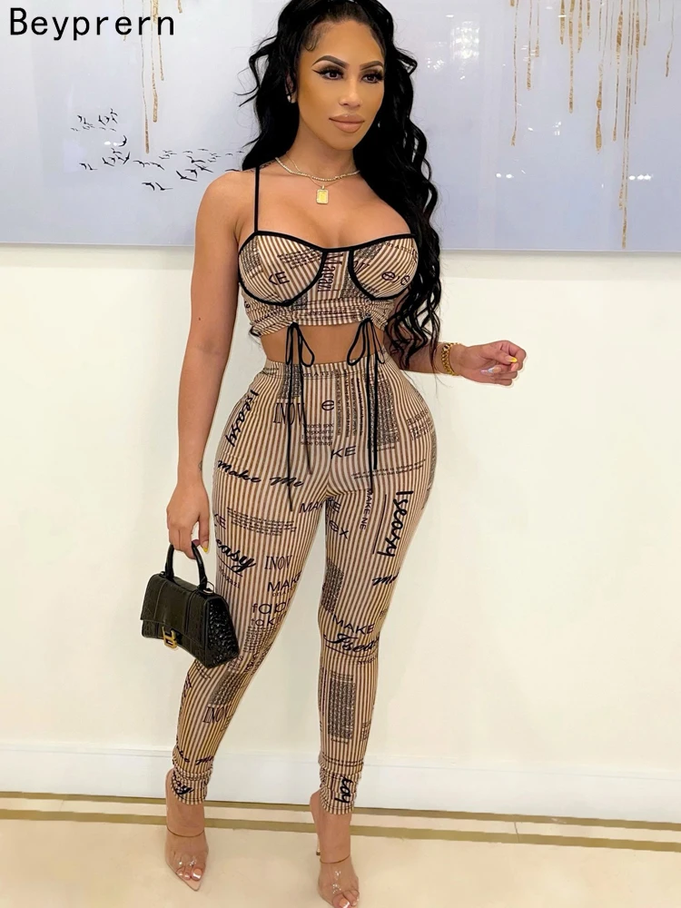 

Beyprern New Chic Graffiti Print Legging Set Two-Piece Outfits Womens Lace-Up Ruched Crop Top And Matching Set Party Club Wear