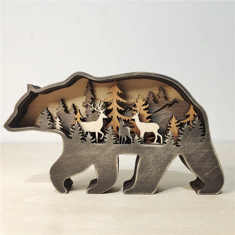 

Forest Animal Wooden Home Ornament North American Multilayer Woodland Bear/Elk Silhouette Decor for Shelf Table 2022