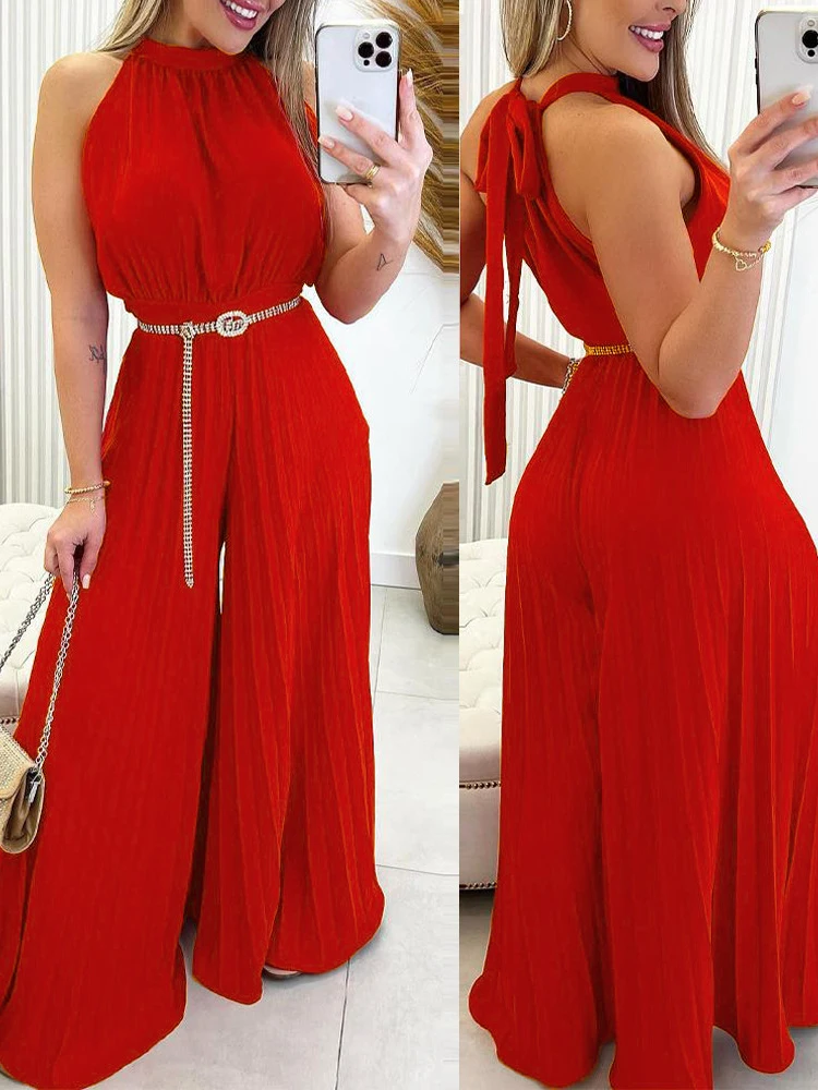 Elegant Women Fashion Red Green Sleeveless Jumpsuit Summer Sexy Halter Tied Detail Plain Pleated Wide Leg Casual Long Jumpsuit 
