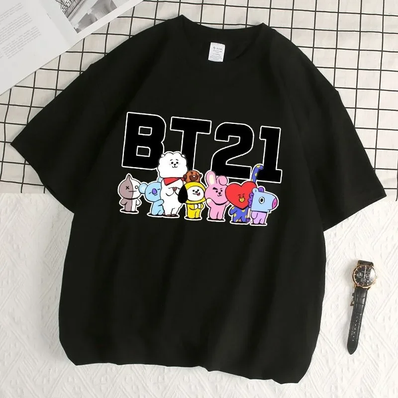 Фото Футболки с принтом BT21 в стиле аниме, милые повседневные удобные футболки с принтом, черные и белые топы, унисекс, подарки ﻿ №3