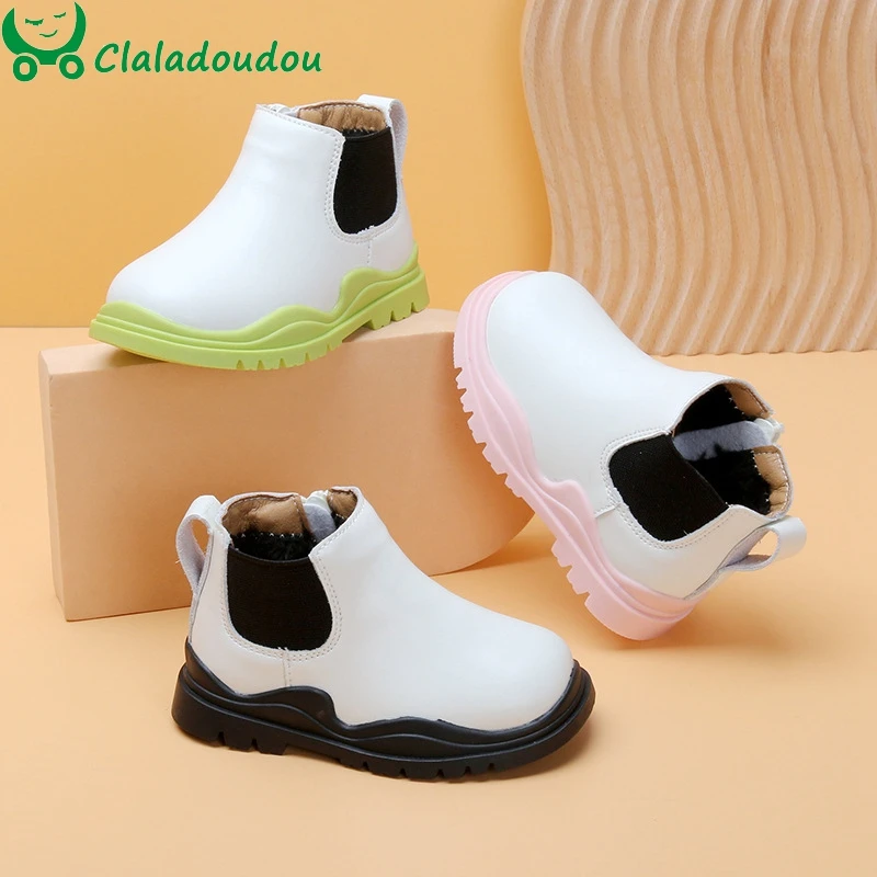 

12-16cm Fashion Ankle Boots For Kids Winter,Solid Candy Colorful Rubber Pu Leather Water-proof Boots For 0-3Y Toddler Girls Boys