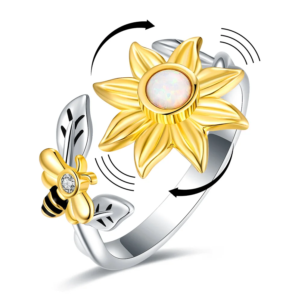 

925 Sterling Silver Adjustable Open Sunflower You are My Sunshine Ring Fidget Spinner Chrismas Birthday Jewery Gift ForTeen Girl