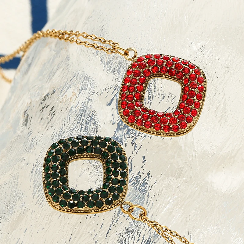 

Luxury Square Diamond Stainless Steel Pendants Statement Necklace For Women Wedding Fashion Jewelry