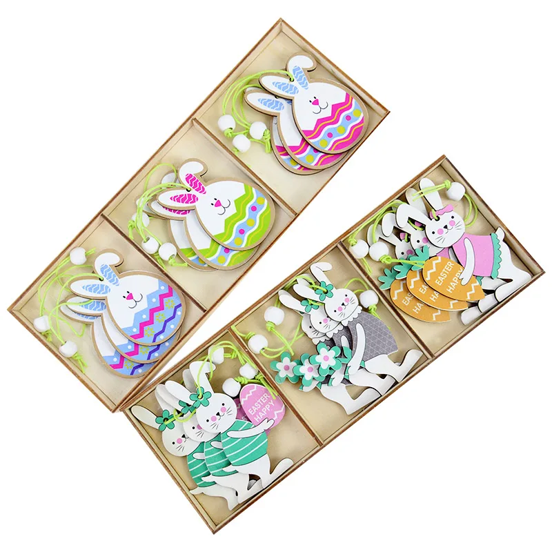 

9Pack/Box Cartoon Wooden Bunny Chick Pendant Easter Gift Easter Bunny Decorations for Party Home school Hanging Rabbit Ornament