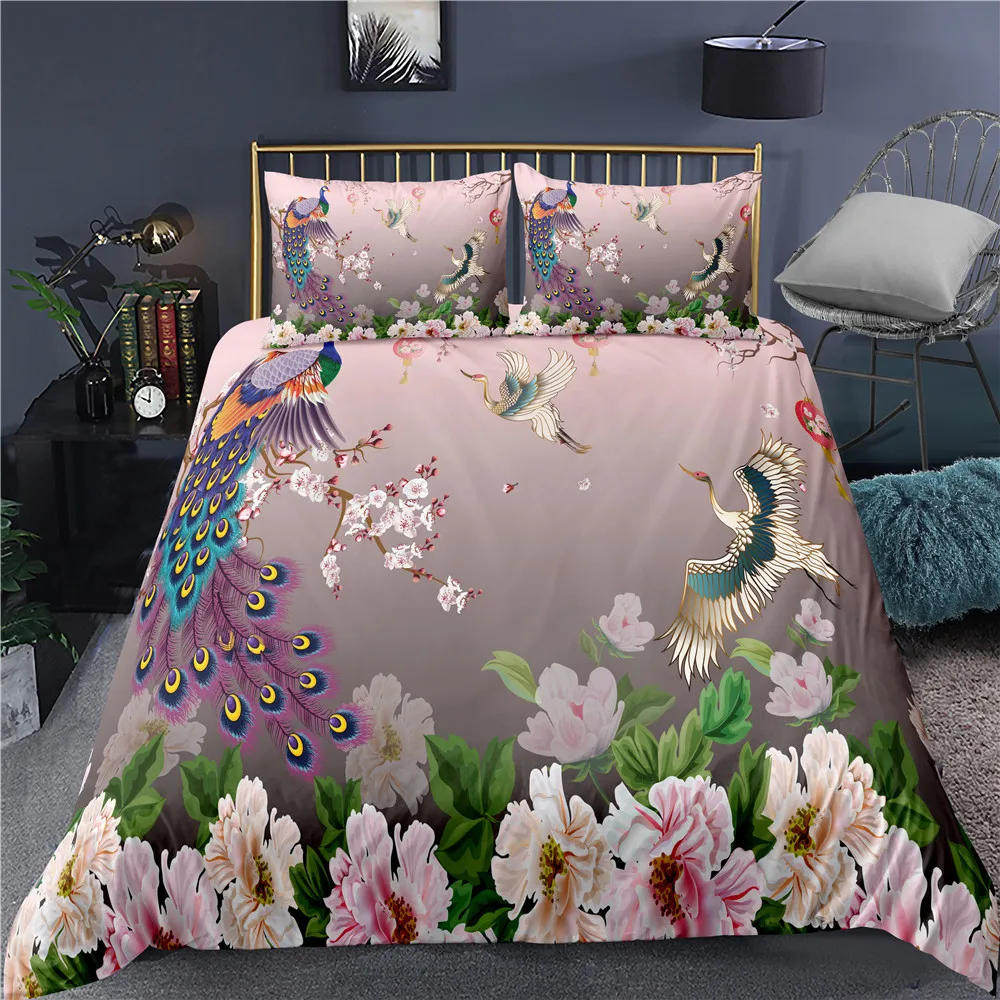 

Peacock Duvet Cover Plum Blossom Decor Bedding Set King Size Crane Peacock Feather Floral Pattern Romantic Polyester Quilt Cover