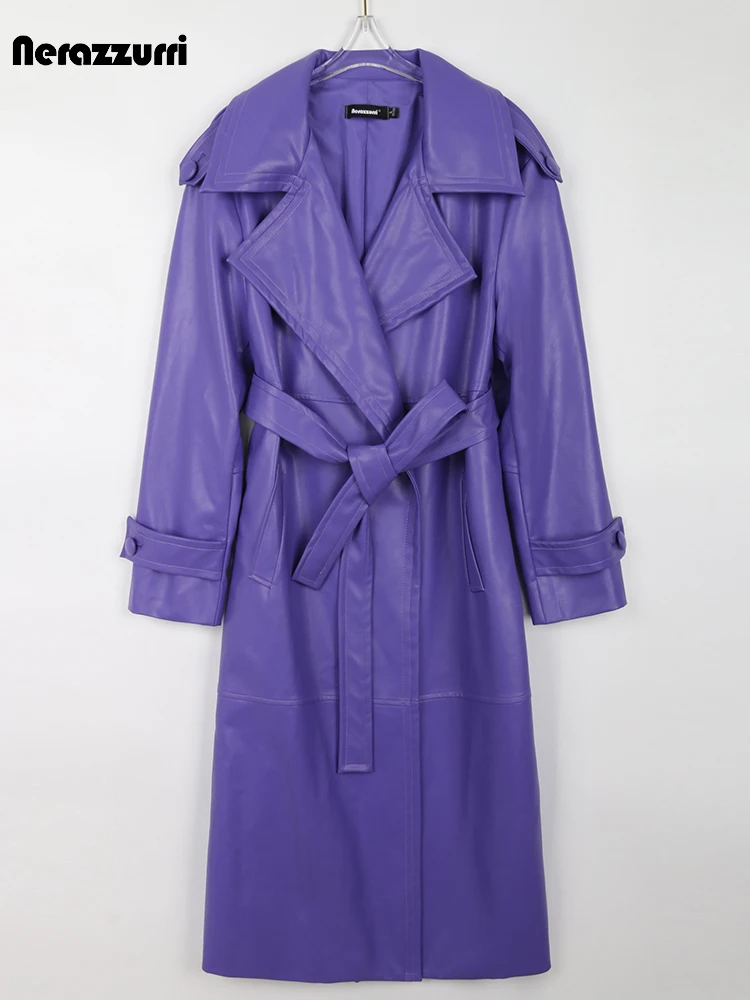 Nerazzurri Autumn Long Purple Faux Leather Trench Coat for Women Belt High Quality Stylish Luxury Elegant Overcoat Fashion 2022
