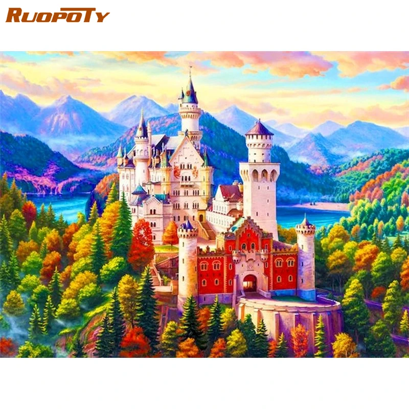 

RUOPOTY Diamond Mosaic Castle Scenery Kits Diamond Embroidery Picture Of Rhinestone Painting Handmade Hobby Home Decor