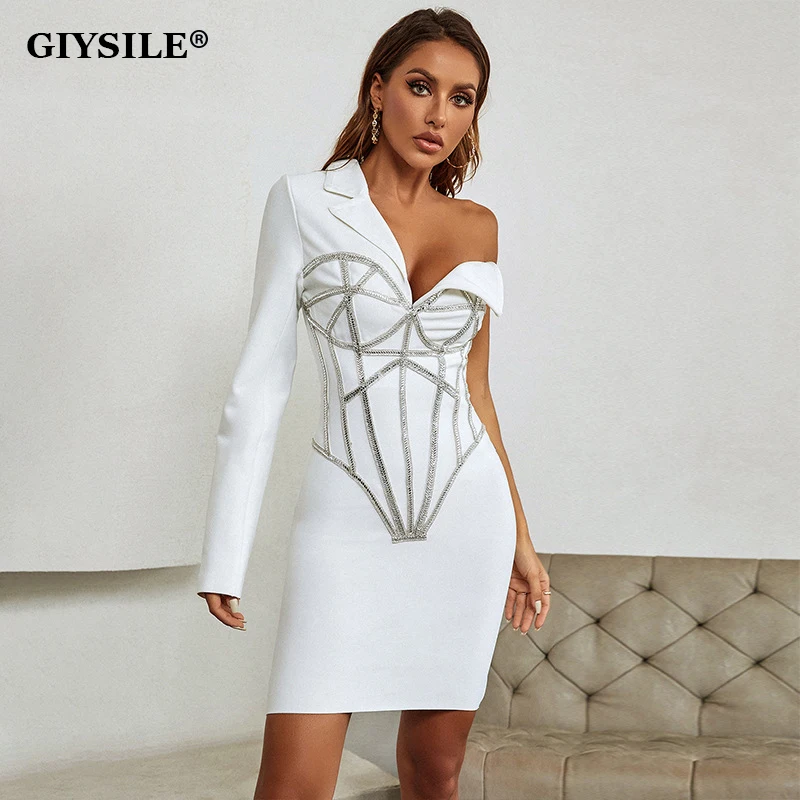 

GIYSILE Sexy One-shoulder Diamond Bandage Bodycon Dresses for Women 2022 Summer Elegant Evening Party White Mini Dress Vestidos