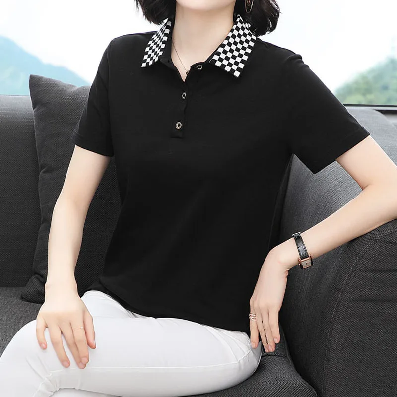 

Fashion Commute Lady Short Sleeve Polo-Neck Tops 2023 New Summer Casual All-match Solid Color Spliced T-shirt Women's Clothing