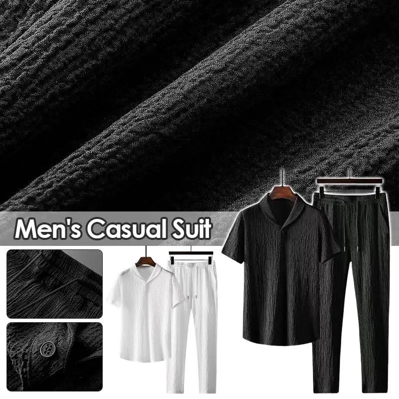 2Pcs/Set Summer Thin Casual Sports Suit Men Pleated Short Sleeve T Shirt + Long Pants Two Piece Set Male Outfit Tracksuit