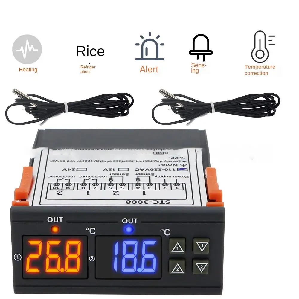 

STC-3008 Temperature Controller Dual Digital Two Relay Output Thermostat Heater with Probe 12V 24V 220V Home Fridge Cool Heat