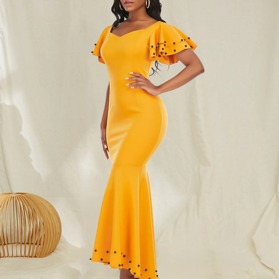 

Women Yellow Long Dress Party with Beading Dinner Evening Mermaid Maxi Female Birthday Celebrate Clothing for Summer