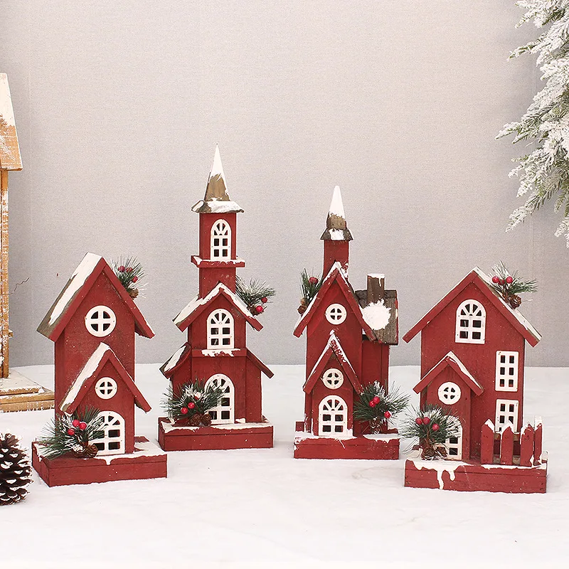 

Christmas Wooden Fir Red Glowing Log Cabin Snow House Ornaments Holiday Decoration Shopping Mall Window home Decorat Ornaments