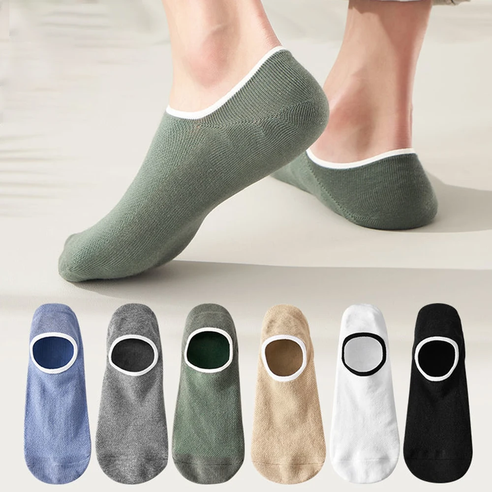 5Pairs Fashion Round Mouth Socks Men Non-slip Silicone Invisible Male Solid Color Ankle Sock Breathable Pure Cotton Boat Socks
