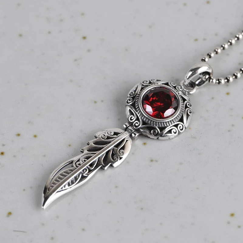 

FNJ 925 Silver Pendant Feather Red Zircon Original Pure S925 Sterling Silver Pendants for Jewelry Making Women