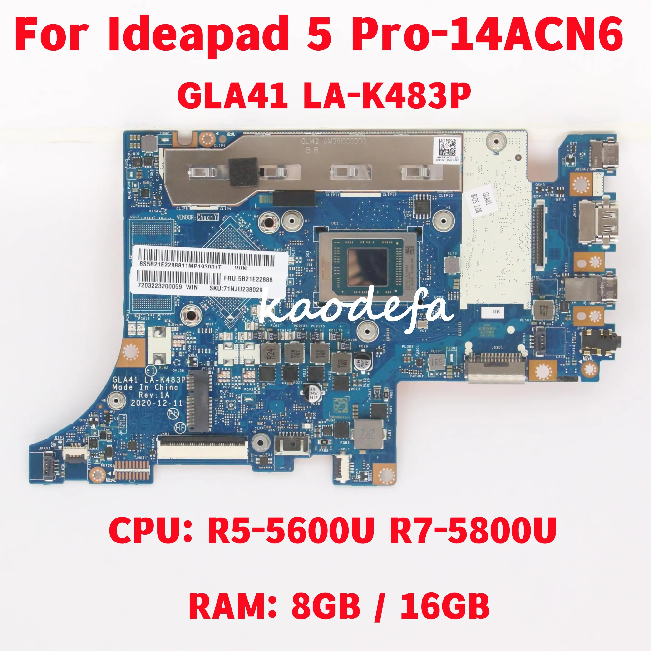Бриллиантовая материнская плата для Lenovo Ideapad 5 Бриллиантовая материнская плата для ноутбука: Бриллиантовая Оперативная память: 8 ГБ/16 ГБ 100% ТЕСТ ОК