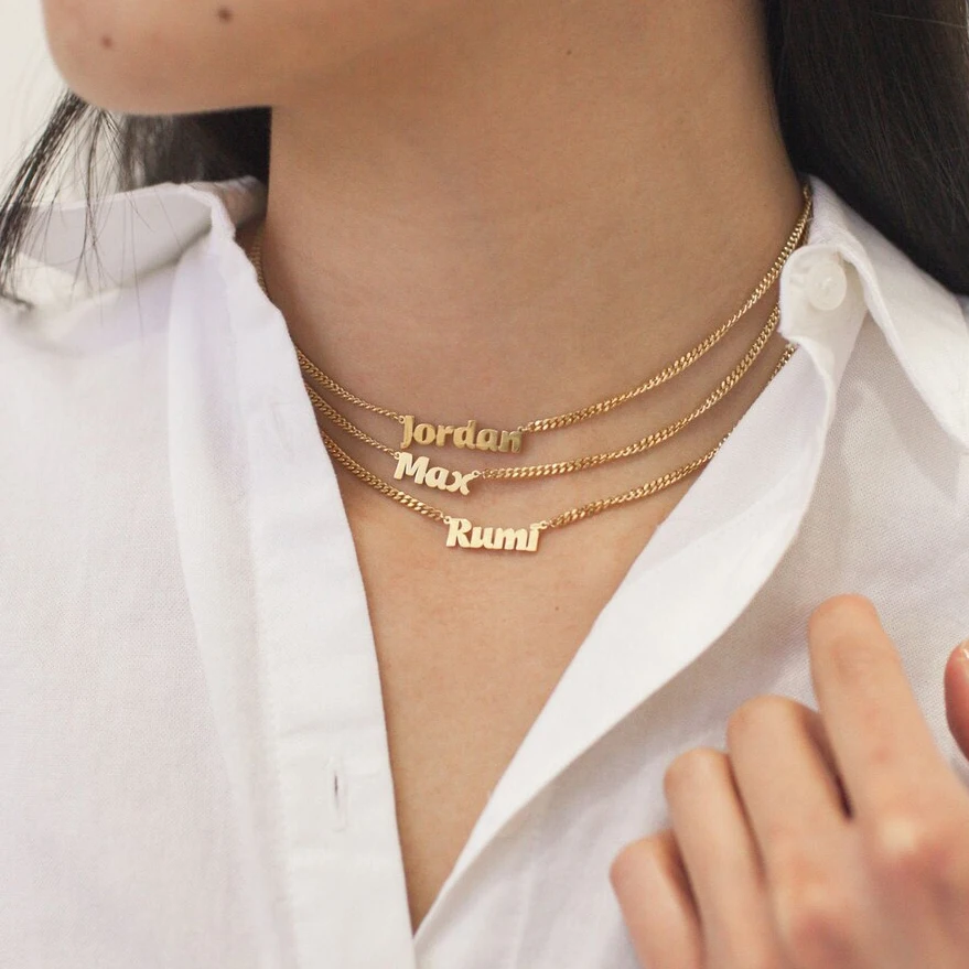 

Custom Name Necklace Personalized Curb Chain Choker Stainless Steel Letter Gold Pendant For Women Man Jewelry Nameplate Gift