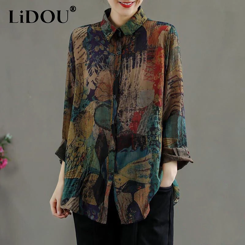 

Spring Autumn New Vintage Coloured Drawing Long Sleeve Shirt Ladies POLO Collar Single Breasted Casual Loose Female Clothing
