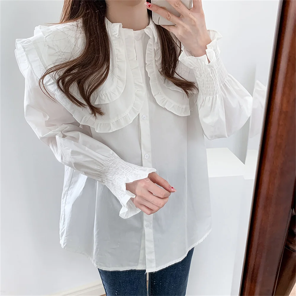 

Alien Kitty Women Double Layers Collar Shirts Sweet Lady Office Wear 2022 New Ruffles Chic Stylish Casual Gentle OL Femme Tops